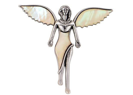 Vintage Silver Tone Abalone Shell Guardian Angel Brooch Pin & Pendant