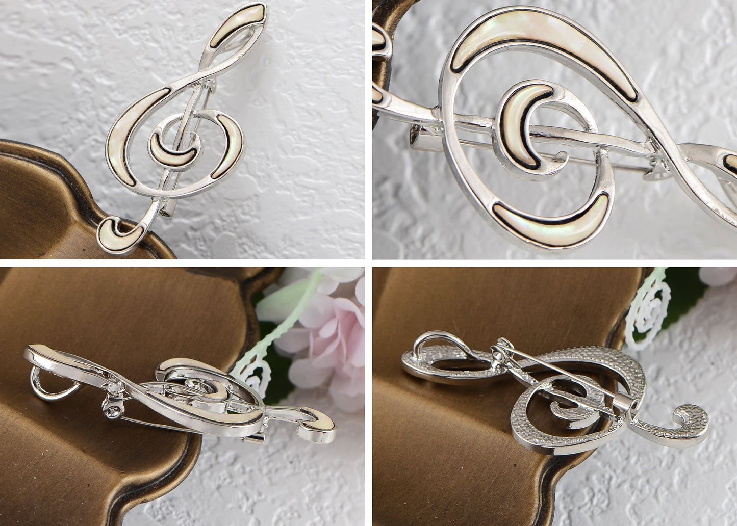 Silver Tone Abalone Shell Music Note Brooch Pin & Pendant Simple Accessories Gifts for Party Banquet New Year's