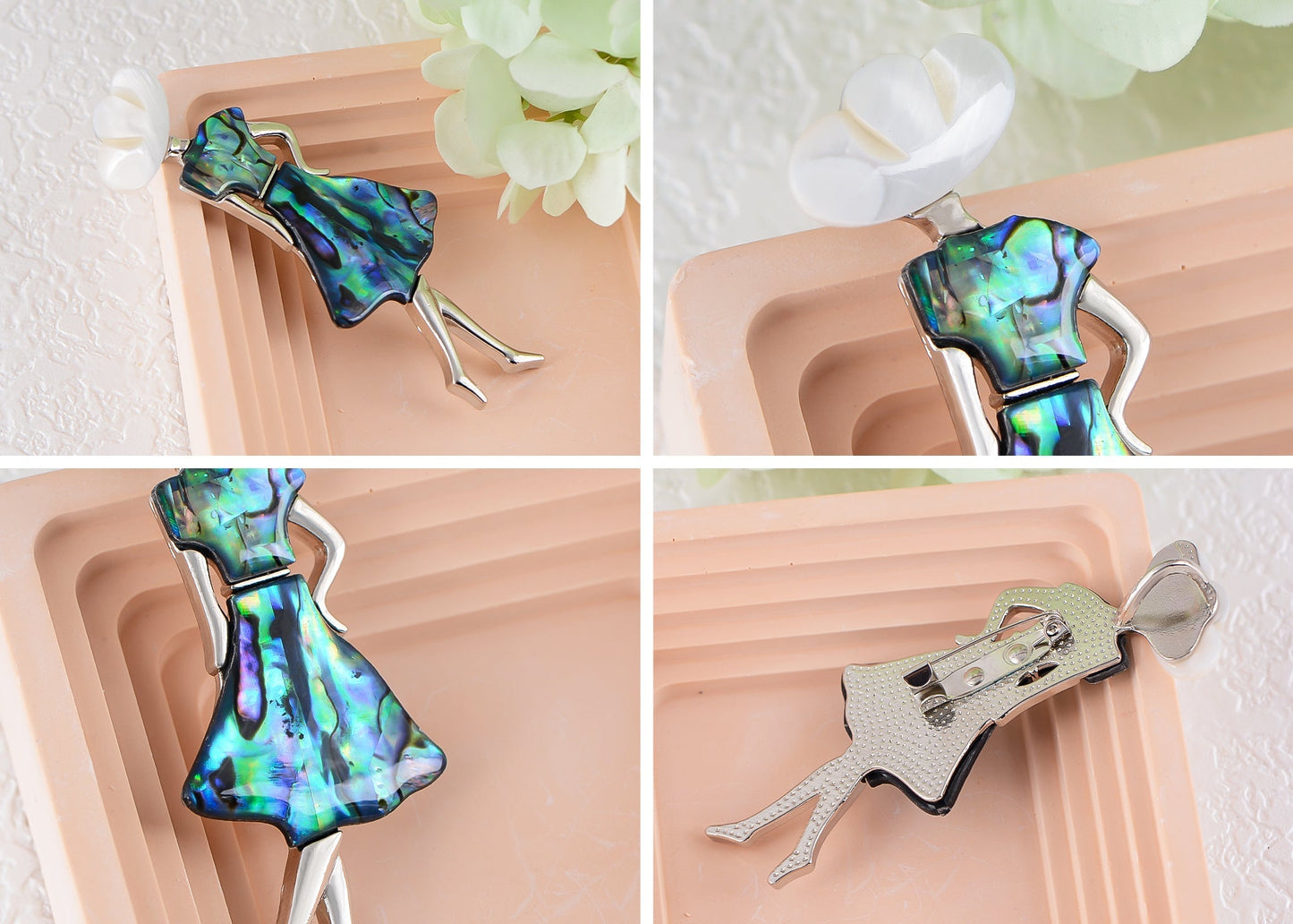 Silver Tone Abalone Shell Elegant Lady Women Dancer Brooch Pin for Wedding Birthday Party