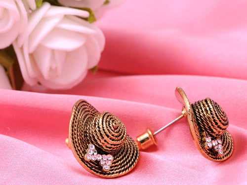 Antique Mini Summer Beach Straw Embellished Hat Earrings