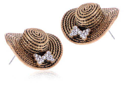 Antique Mini Summer Beach Straw Embellished Hat Earrings