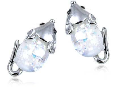 Silver White Opal Colored Ss Mini Mouse Rat Stud Earrings