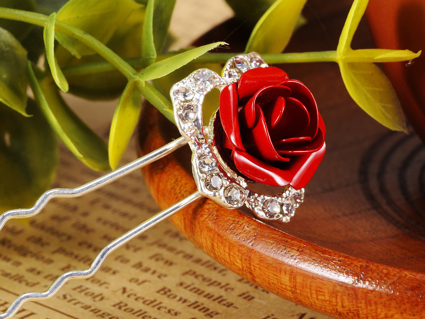 Contemporary Red Enamelled Rose Embellished Hair Pin