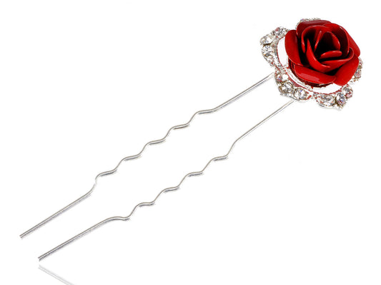 Contemporary Red Enamelled Rose Embellished Hair Pin