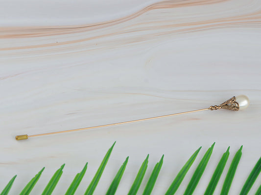 Women's Hat Pin Long Handle Golden Jewelry Retro Hollow Out Pearl Pins