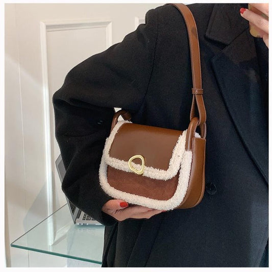 Shearling Trim Abstract Buckle Bag