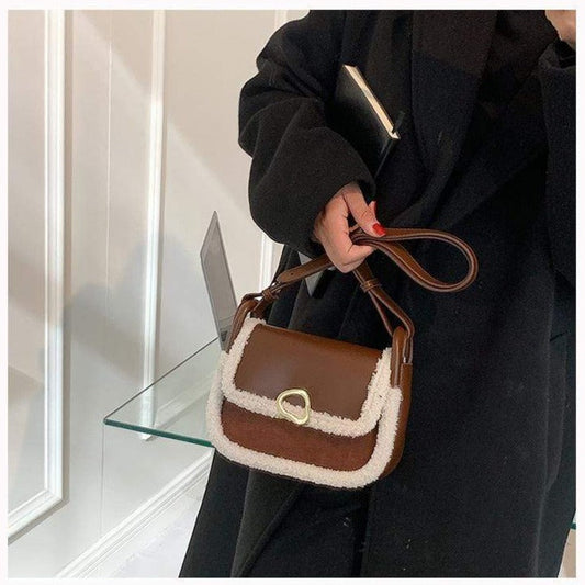 Shearling Trim Abstract Buckle Bag