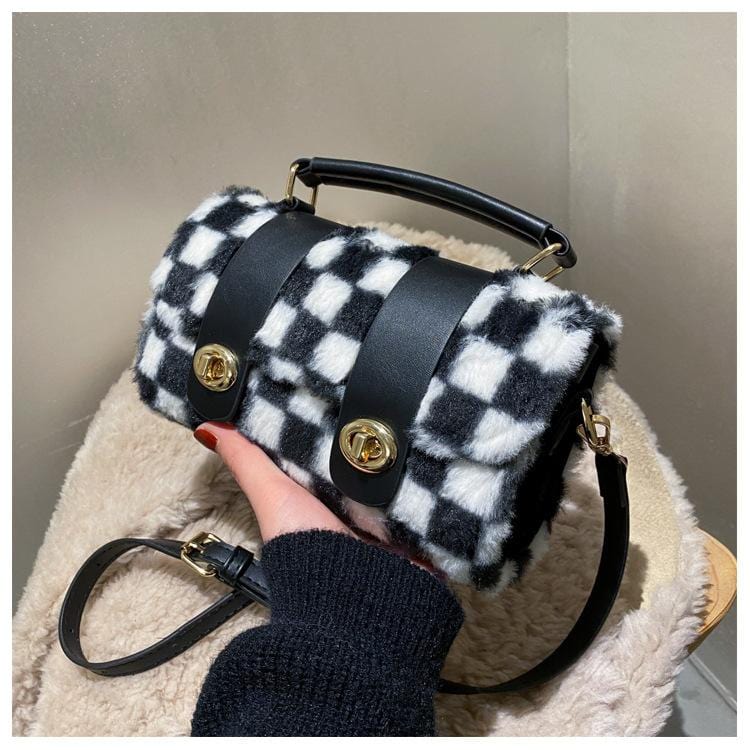 Fuzzy Checkered Print Bag