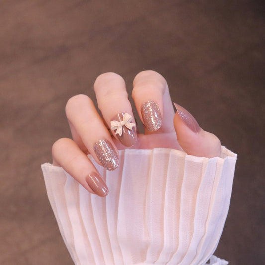 Medium Rounded Light Brown Press On Nails with Bow