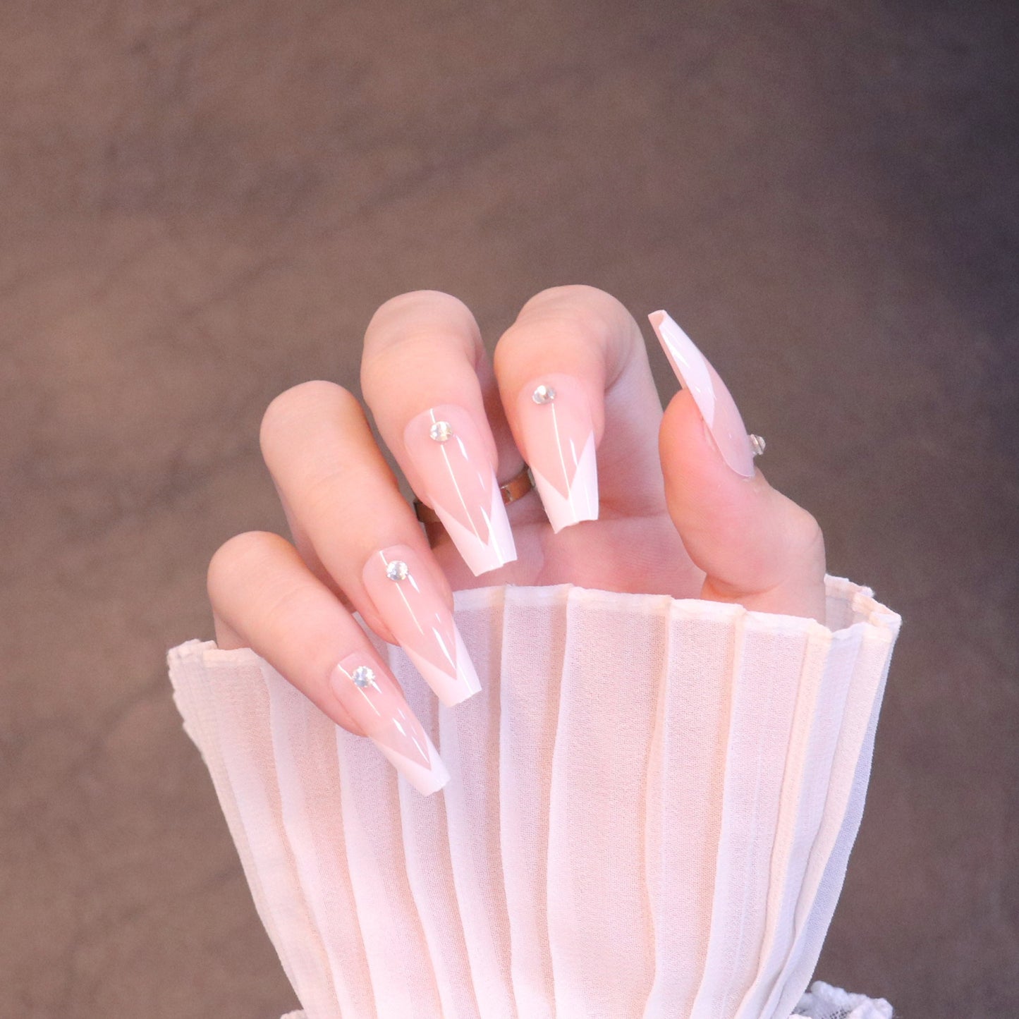 Long Square French Tip Press On Nails with Jewels