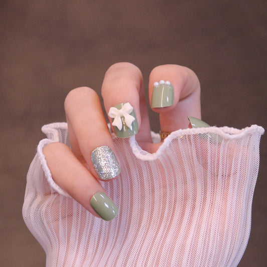 Short Square Oval Pastel Green Press On Nails with Bow