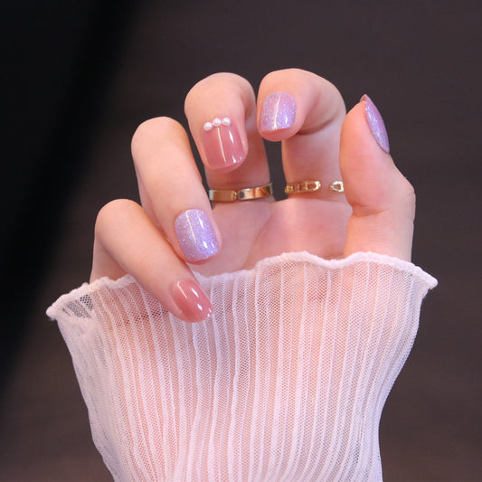 Short Square Oval Pink & Purple Press On Nails with Pearls