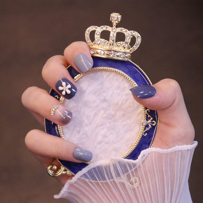 Short Squared Oval Purple Press On Nails with Flower Charm and Crystals