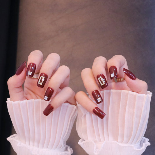 Medium Square Bold Red Press On Nails with Rectangle Charms