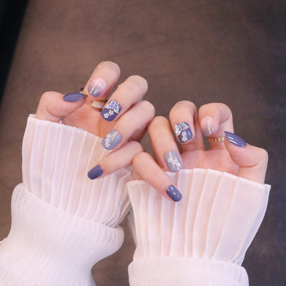 Short Squared Oval Purple Press On Nails with Iridescent Butterfly and Flowers