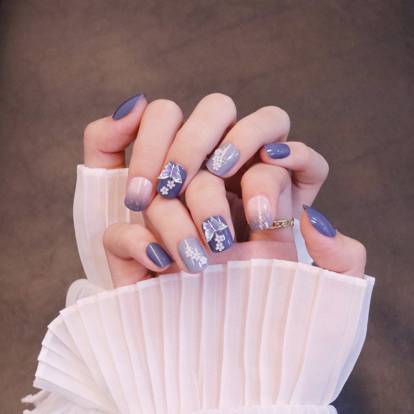 Short Squared Oval Purple Press On Nails with Iridescent Butterfly and Flowers