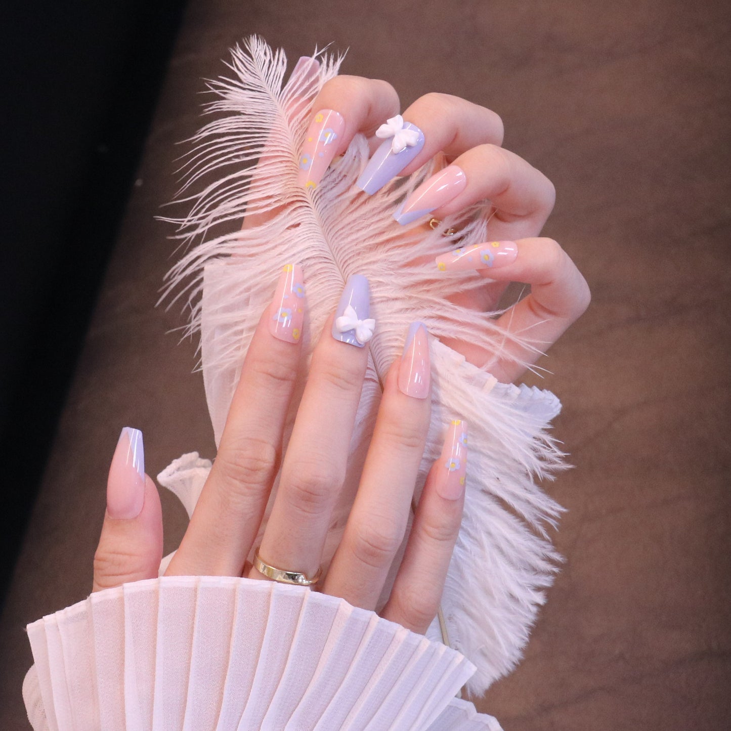 Long Square Pink and Purple Press On Nails with Bow