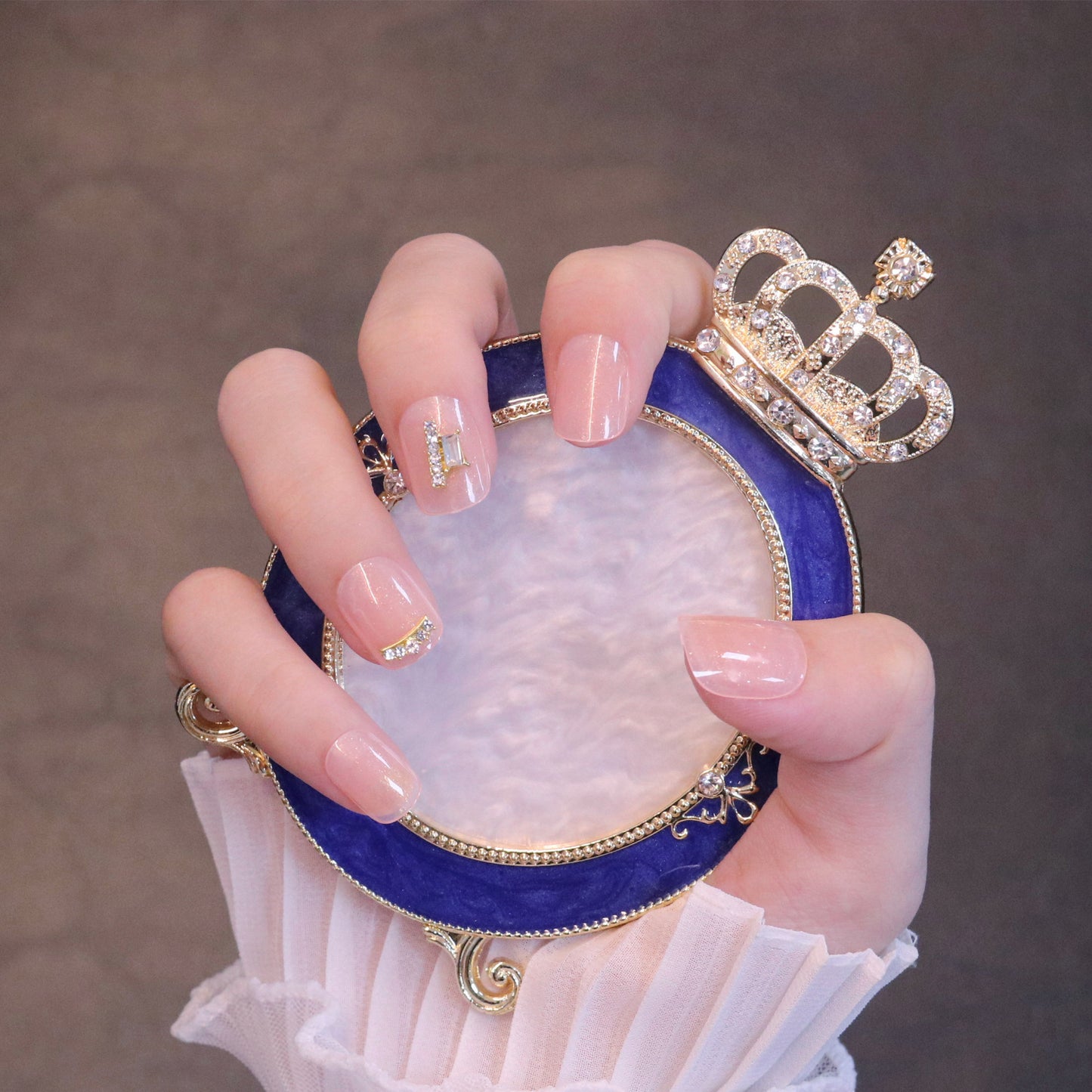 Short Squared Oval Nude Press On Nails with Crystal Charms