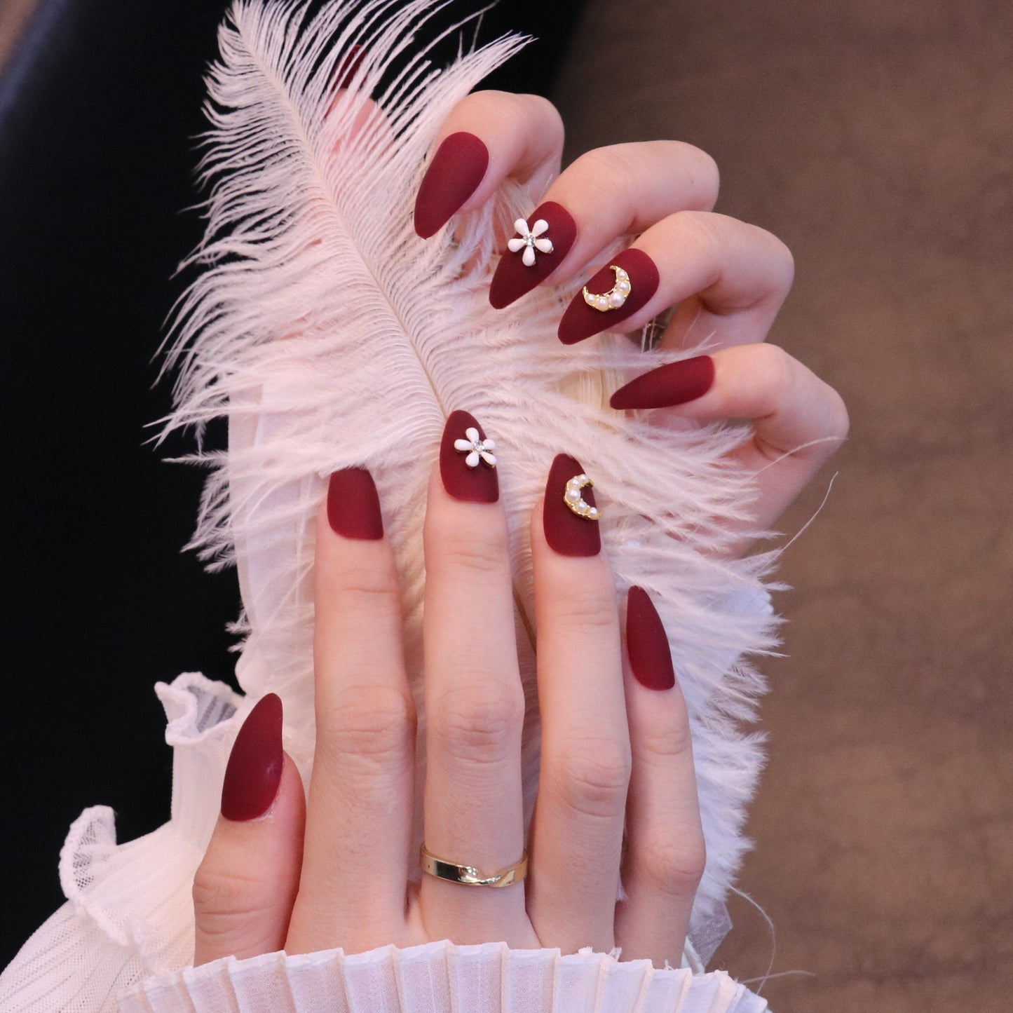 Medium Almond Matte Red Press On Nails with Flower and Moon Charms