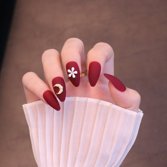 Medium Almond Matte Red Press On Nails with Flower and Moon Charms
