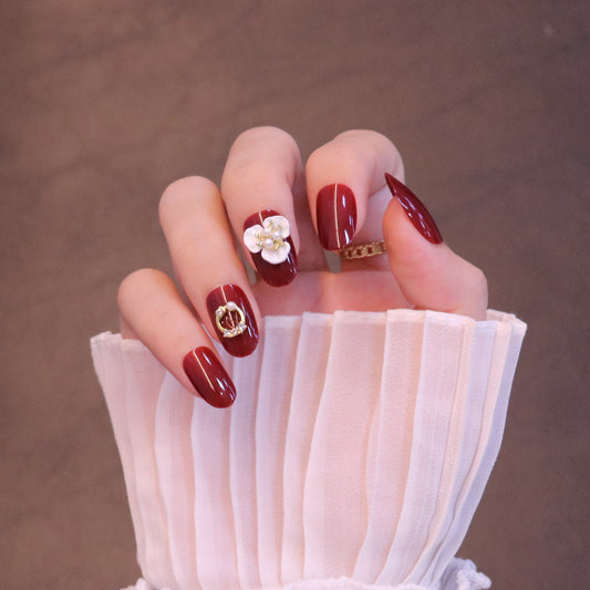 Medium Rounded Red Press On Nails with Flower and Pearl Charms