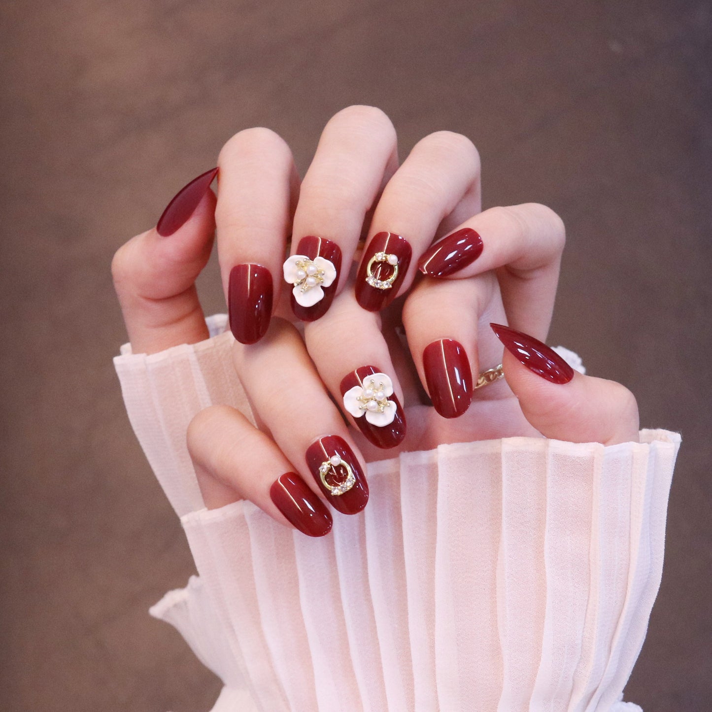 Medium Rounded Red Press On Nails with Flower and Pearl Charms