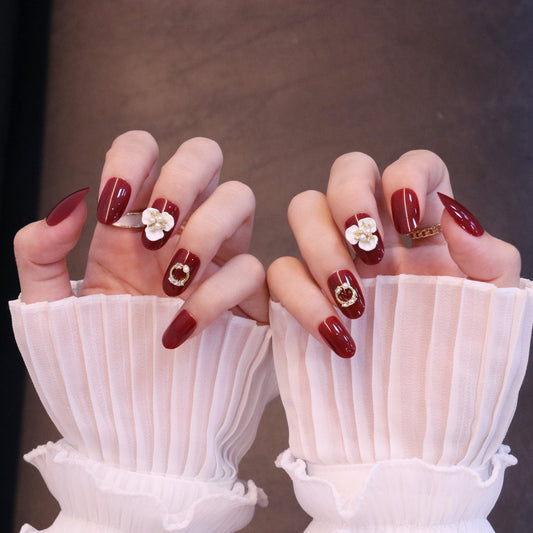 Medium Rounded Red Press On Nails with Flower and Pearl Charms