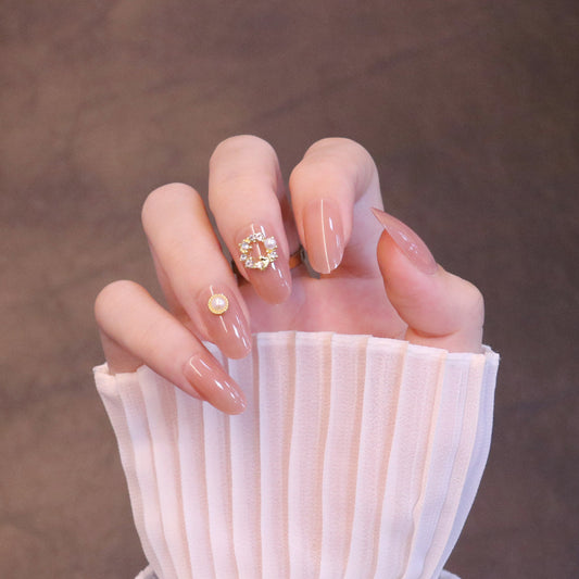 Medium Rounded Nude Press On Nails with Wreath Charm and Pearl