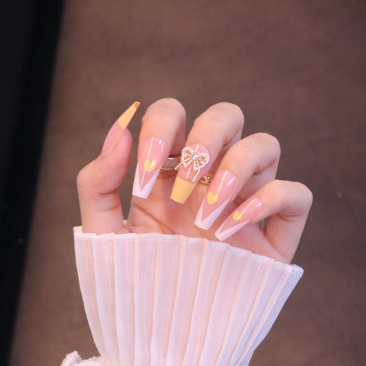 Long Square Yellow French Tip Press On Nails with Bow