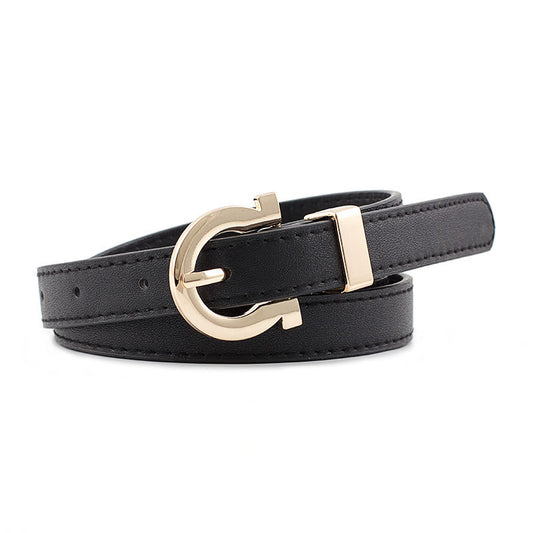 Thin Faux Leather Belt with Gold Horseshoe Buckle