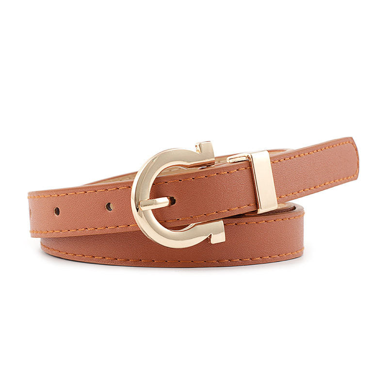 Thin Faux Leather Belt with Gold Horseshoe Buckle