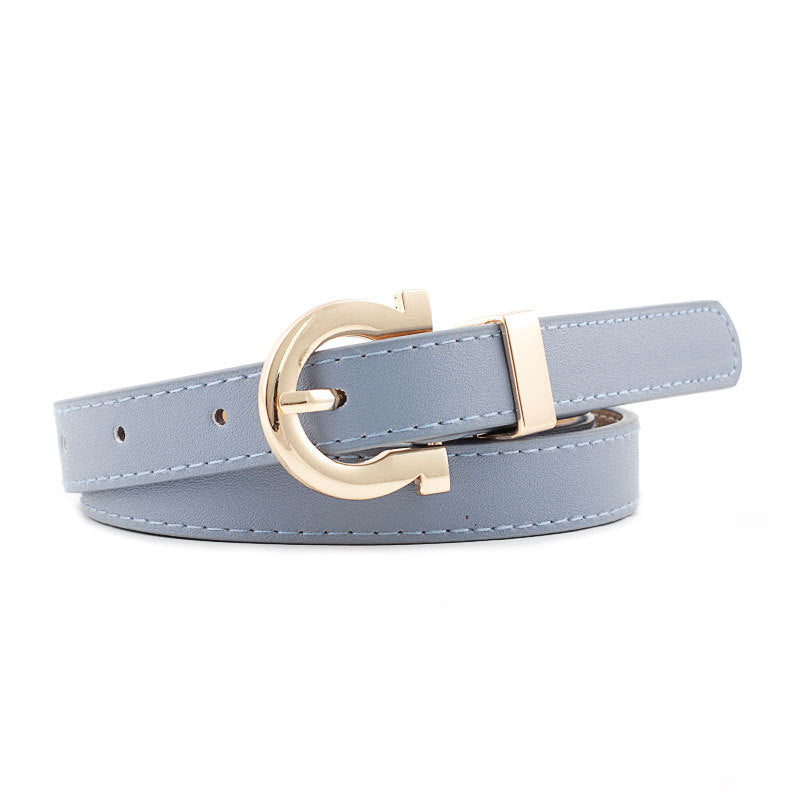 Thin Faux Leather Belt with Gold Horseshoe Buckle