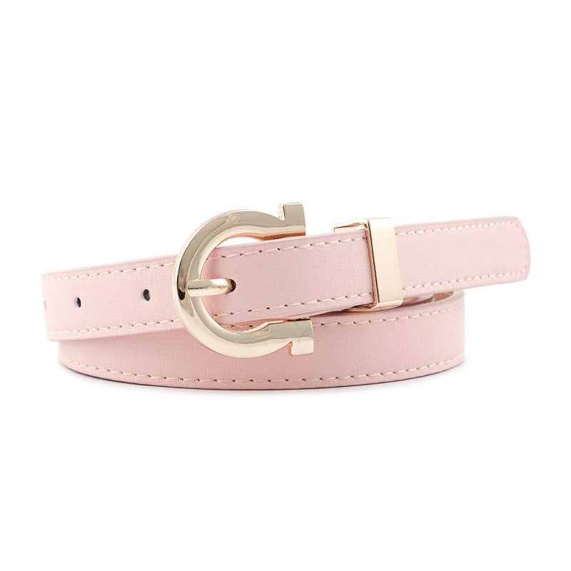 Thin Faux Leather Belt with Gold Horseshoe Buckle