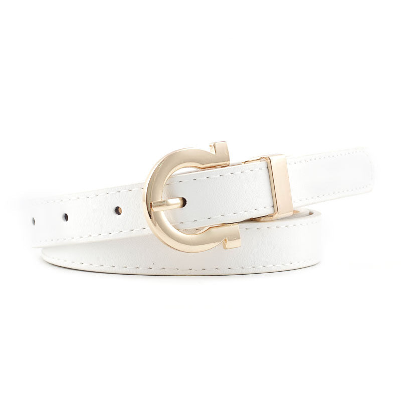 Thin Faux Leather Belt with Gold Horseshoe Buckle