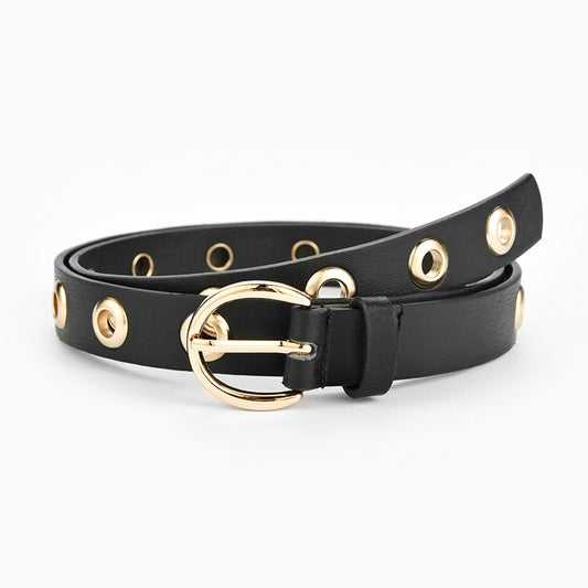 Thin Faux Leather Belt with Round Gold Buckle and Gold Hoops