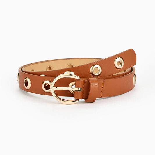 Thin Faux Leather Belt with Round Gold Buckle and Gold Hoops