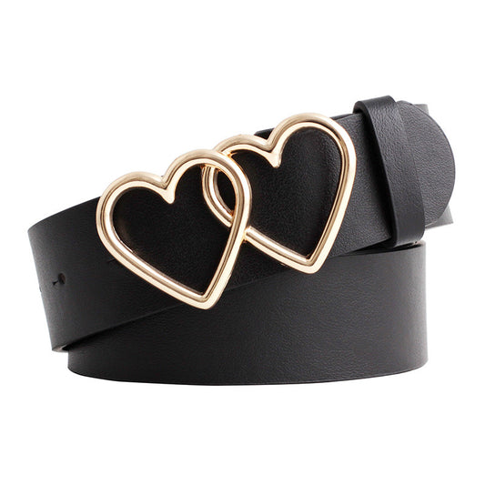 Faux Leather Belt with Double Gold Hearts Buckle