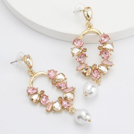 Round Crystal Earrings with Drooping Pearl Bead
