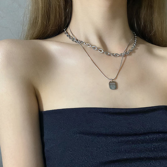 Silver Layered Chain Necklace with Silver Plate