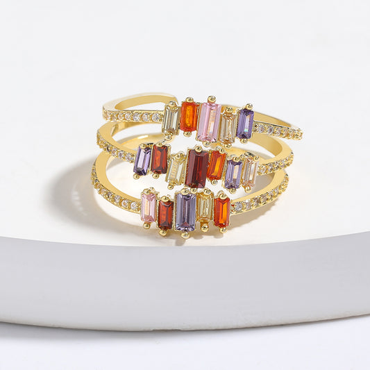 Triple Layered Colorful Rhinestones Gold Adjustable Ring