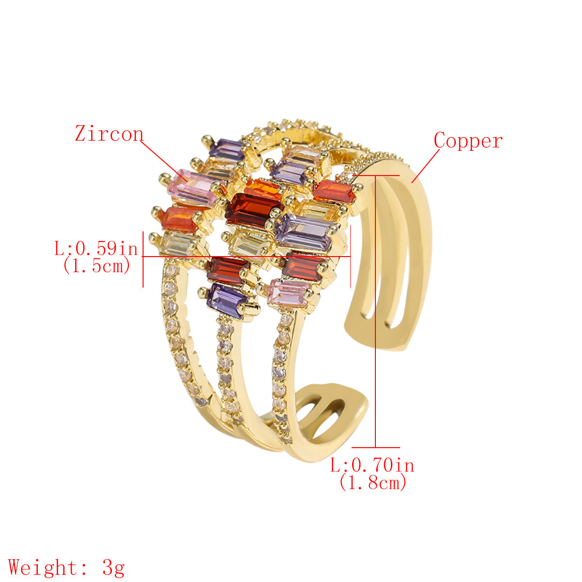 Triple Layered Colorful Rhinestones Gold Adjustable Ring