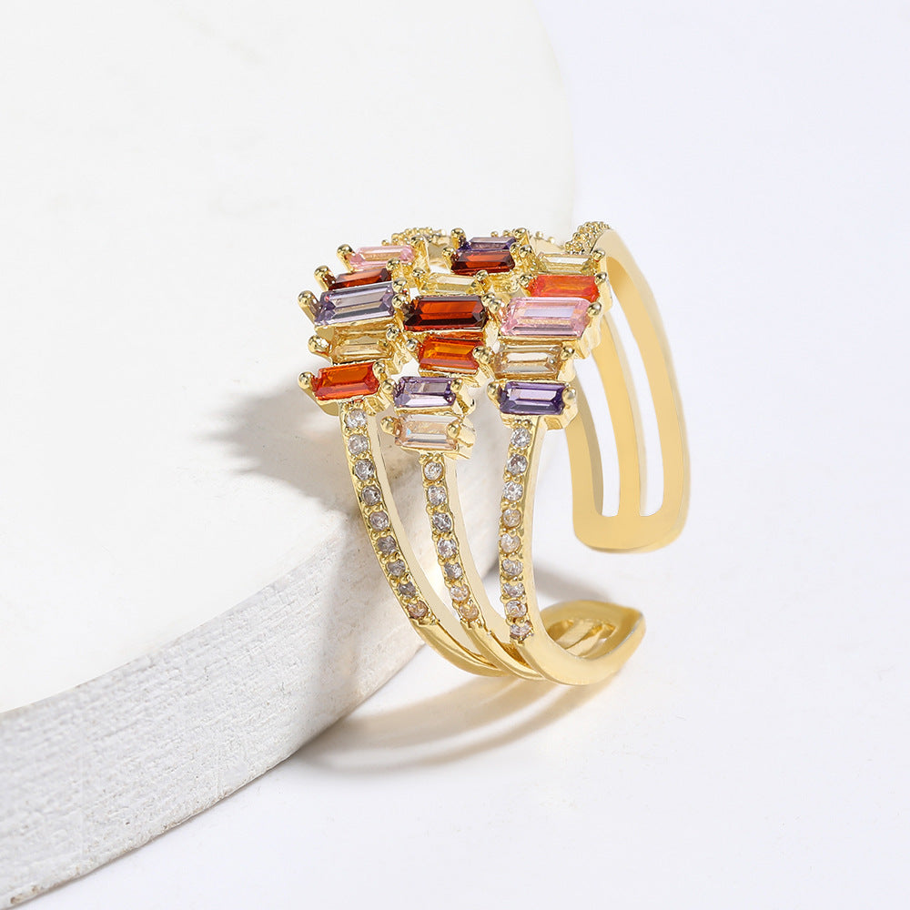 Triple Layered Colorful Rhinestones Gold Adjustable Ring