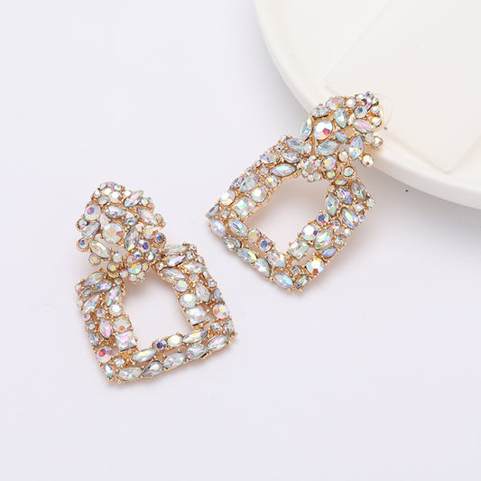 Beautiful Rectangle Dangle Geometric Shaped Crystals Earrings