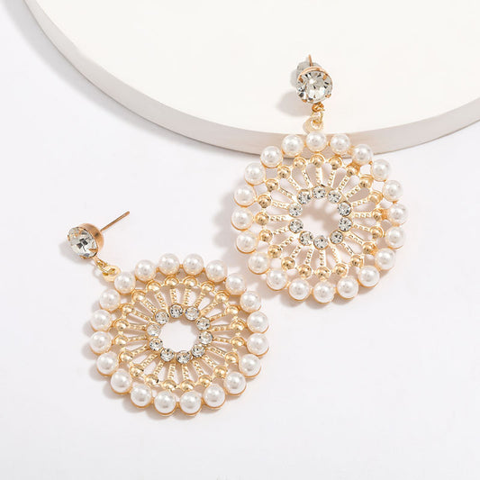 Round Circle Embellished with Crystals and Pearls Fancy Dangle Earrings