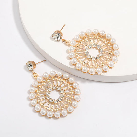 Round Circle Embellished with Crystals and Pearls Fancy Dangle Earrings