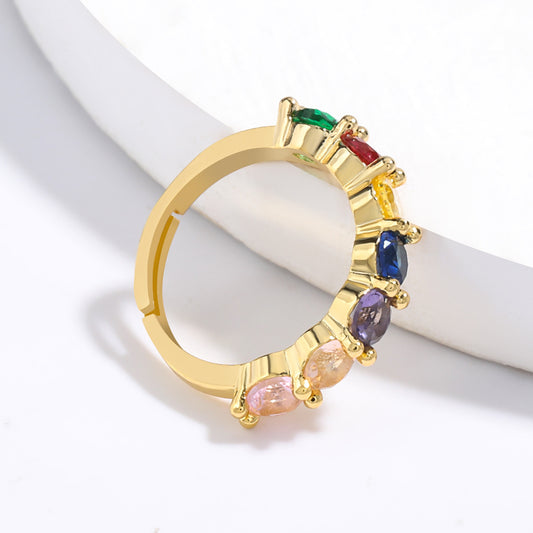 Colorful Rhinestone Crystals Row Gold Adjustable Ring