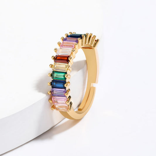 Colorful Rectangle Rhinestone Crystals Row Gold Adjustable Ring