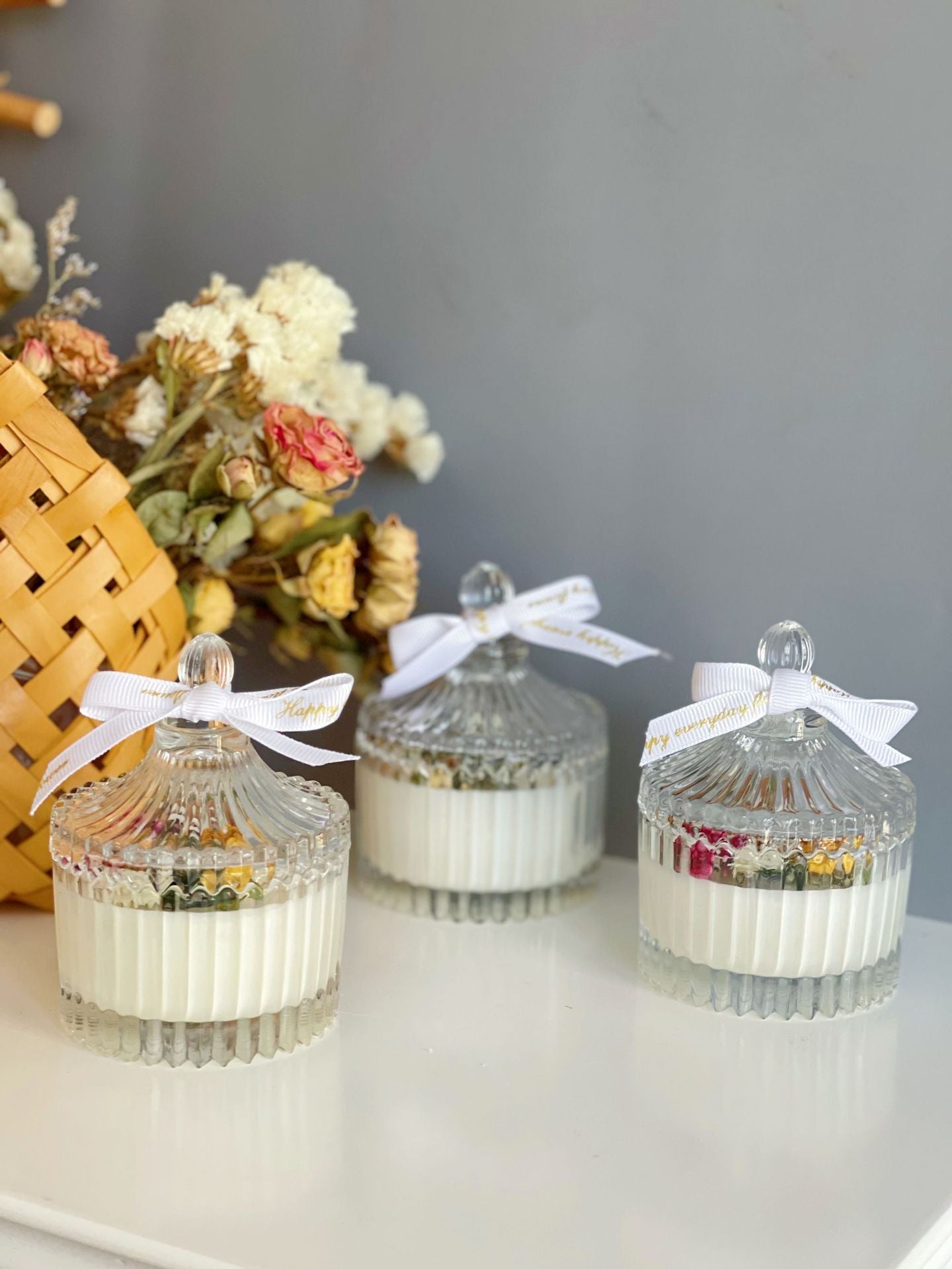 Floral White Candle in Clear Glass Jar