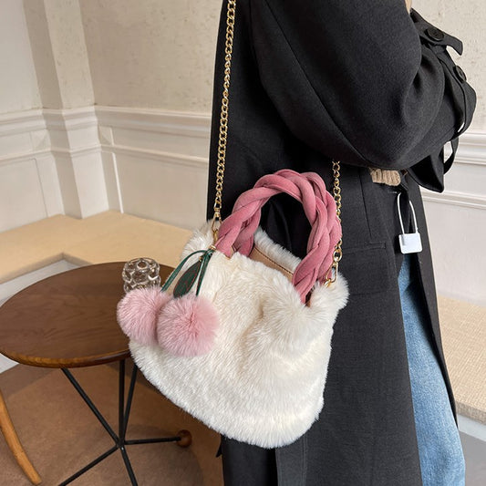 Fluffy Cherry Crossbody Bag with Braided Handle
