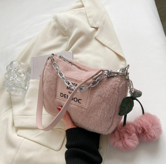 Soft Fluffy Cherry Shoulder Bag with Silver Chain